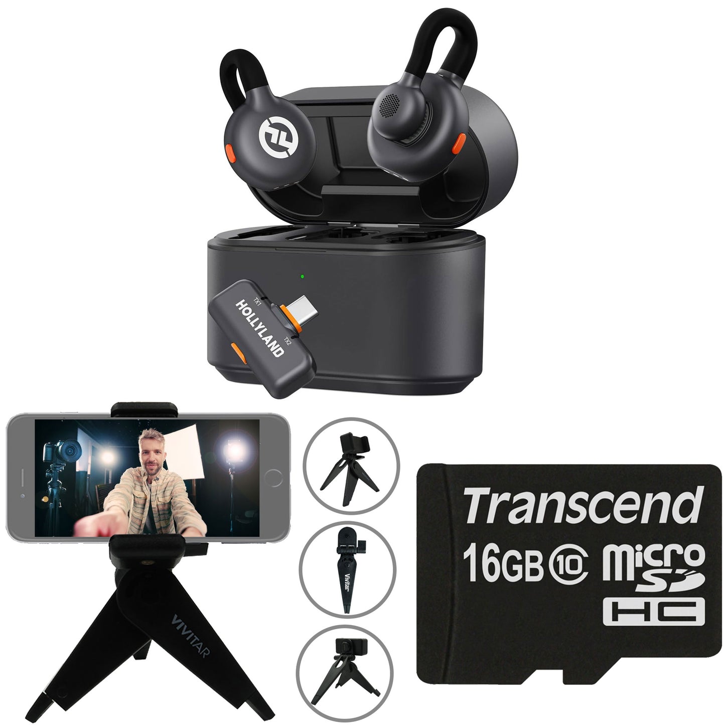 Hollyland LARK M2S DUO 2-Person Wireless Microphone System with USB-C Connector for Mobile Devices - Plug & Play (2.4 GHz, Space Gray) + Vivitar compact Selfie Video Tripod + 16GB Transcend MicroSD Memory Card with Adapter