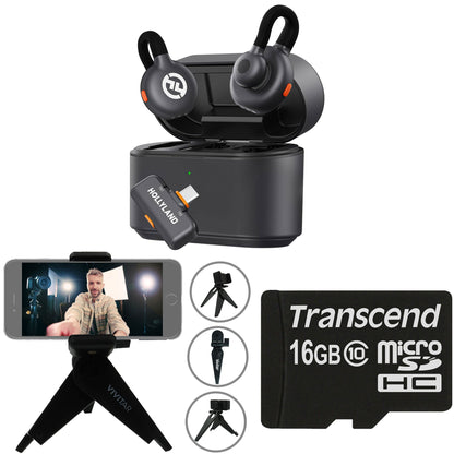 Hollyland LARK M2S DUO 2-Person Wireless Microphone System with USB-C Connector for Mobile Devices - Plug & Play (2.4 GHz, Space Gray) + Vivitar compact Selfie Video Tripod + 16GB Transcend MicroSD Memory Card with Adapter