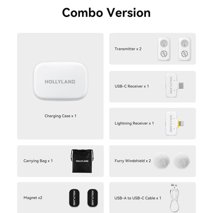 Hollyland LARK A1 Combo 2-Person Wireless Microphone System with USB-C and Lightning Connectors for Mobile Devices (Ivory White, 2.4 GHz)