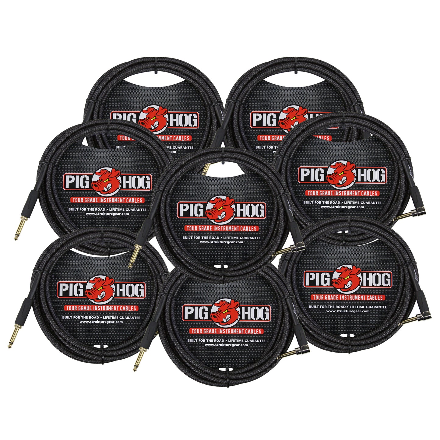 8x Pig Hog Black Woven Tour Grade Instrument Cable 1/4" to 1/4" Right Angle 10ft , PCH10BKR
