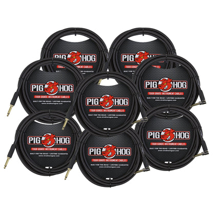 8x Pig Hog Black Woven Tour Grade Instrument Cable 1/4" to 1/4" Right Angle 10ft , PCH10BKR
