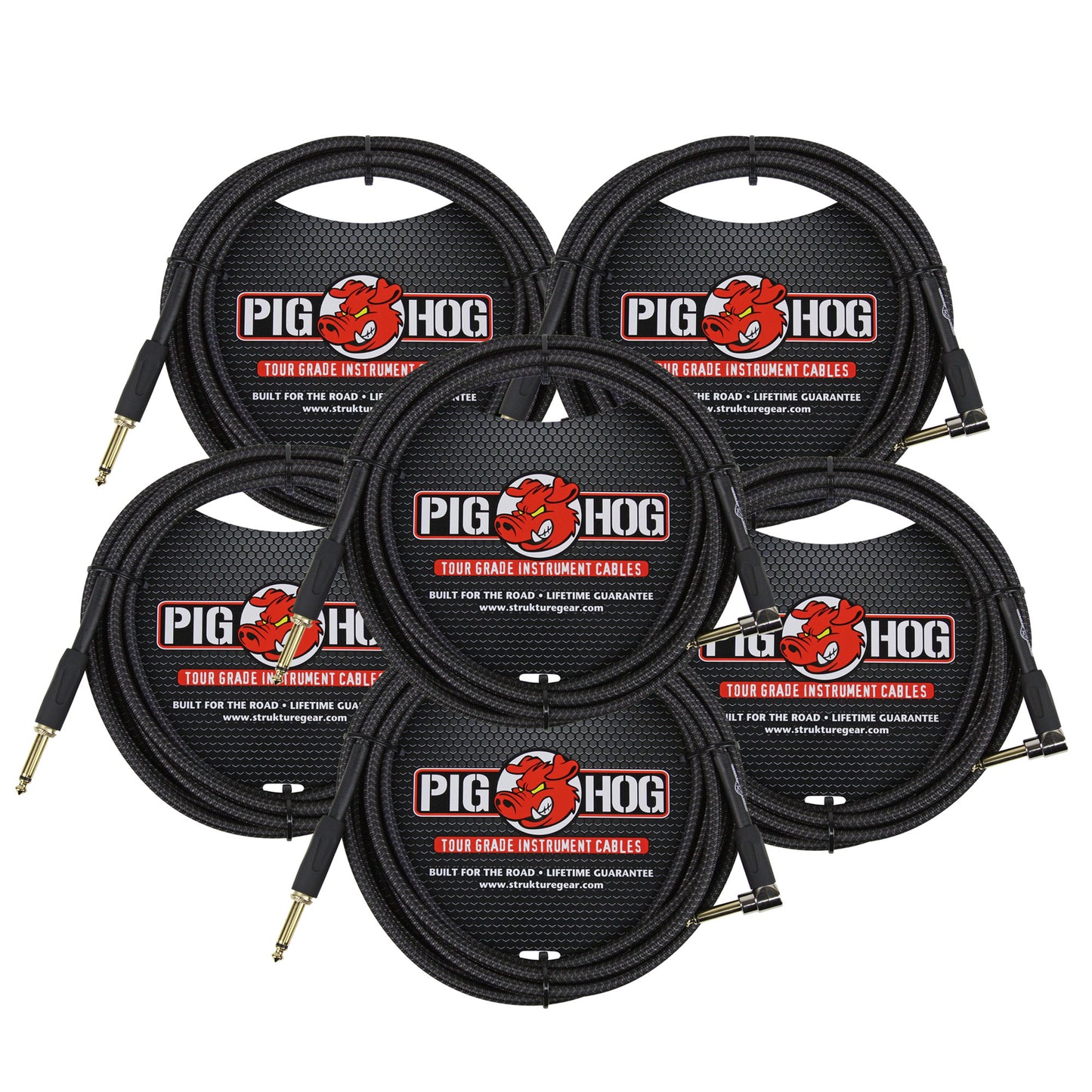6x Pig Hog Black Woven Tour Grade Instrument Cable 1/4" to 1/4" Right Angle 10ft , PCH10BKR