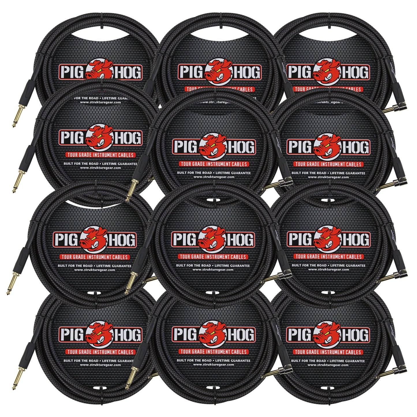 12x Pig Hog Black Woven Tour Grade Instrument Cable 1/4" to 1/4" Right Angle 10ft , PCH10BKR