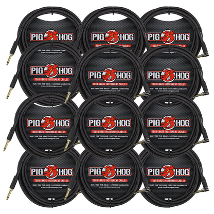 12x Pig Hog Black Woven Tour Grade Instrument Cable 1/4" to 1/4" Right Angle 10ft , PCH10BKR