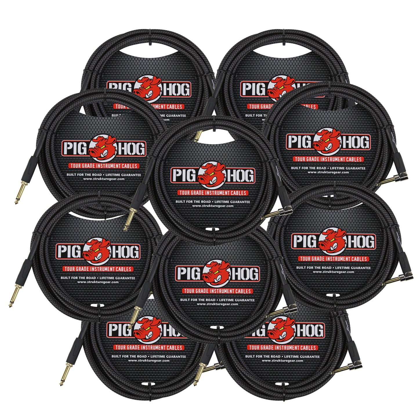 10x Pig Hog Black Woven Tour Grade Instrument Cable 1/4" to 1/4" Right Angle 10ft , PCH10BKR