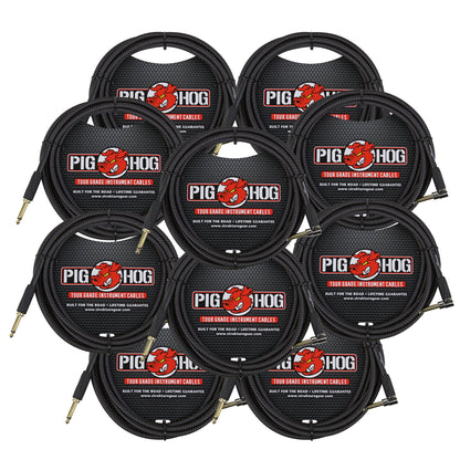 10x Pig Hog Black Woven Tour Grade Instrument Cable 1/4" to 1/4" Right Angle 10ft , PCH10BKR