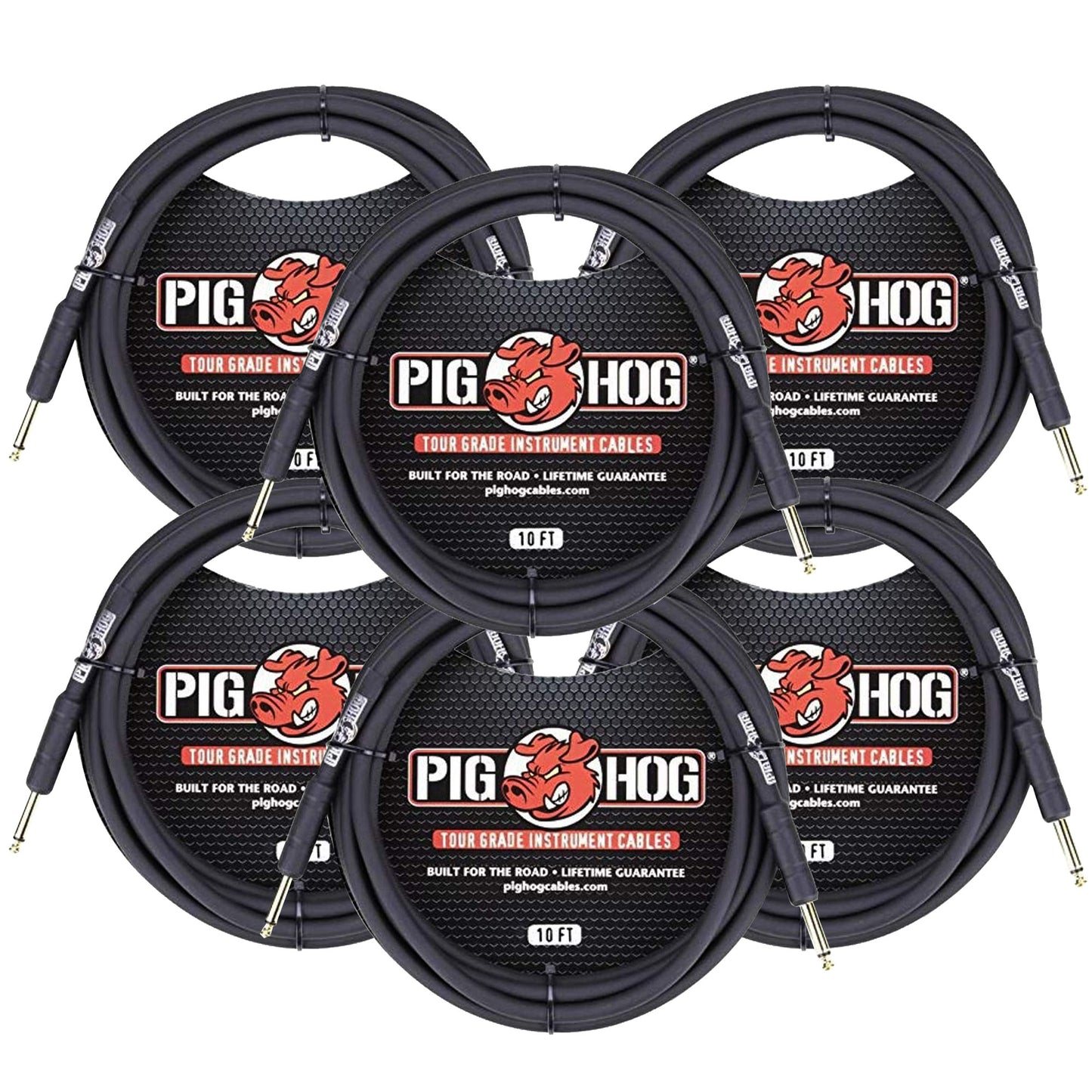 6x Pig Hog Tour Grade 10ft Instrument Cable 1/4" to 1/4" Straight Connectors Black - PH10