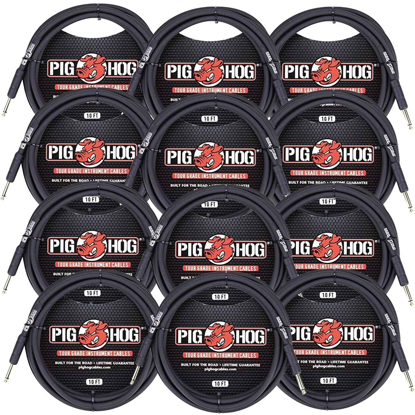 12x Pig Hog Tour Grade 10ft Instrument Cable 1/4" to 1/4" Straight Connectors Black - PH10
