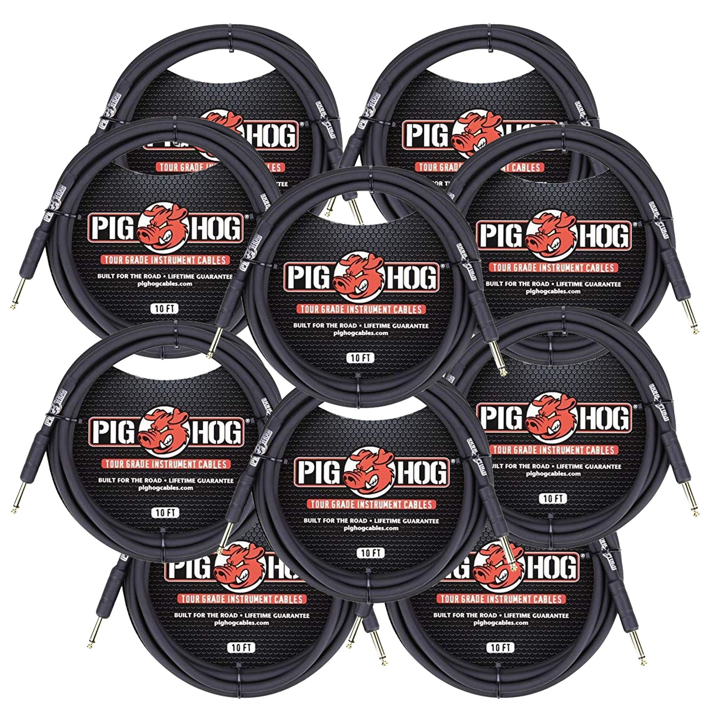 10x Pig Hog Tour Grade 10ft Instrument Cable 1/4" to 1/4" Straight Connectors Black - PH10