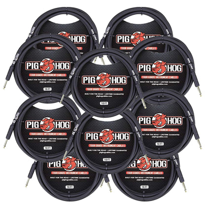 10x Pig Hog Tour Grade 10ft Instrument Cable 1/4" to 1/4" Straight Connectors Black - PH10