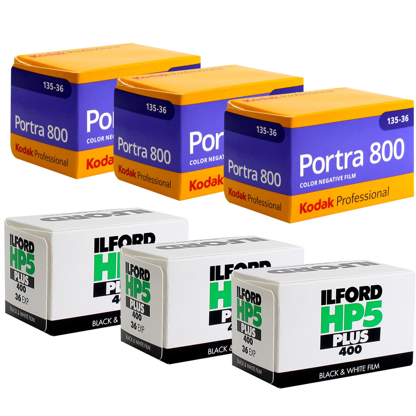 3x Kodak Professional Portra 800 Color Negative Film (35mm Roll Film, 36 Exposures) with 3x Ilford HP5 Plus Black and White Negative Film (35mm Roll Film, 36 Exposures)