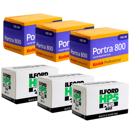 3x Kodak Professional Portra 800 Color Negative Film (35mm Roll Film, 36 Exposures) with 3x Ilford HP5 Plus Black and White Negative Film (35mm Roll Film, 36 Exposures)