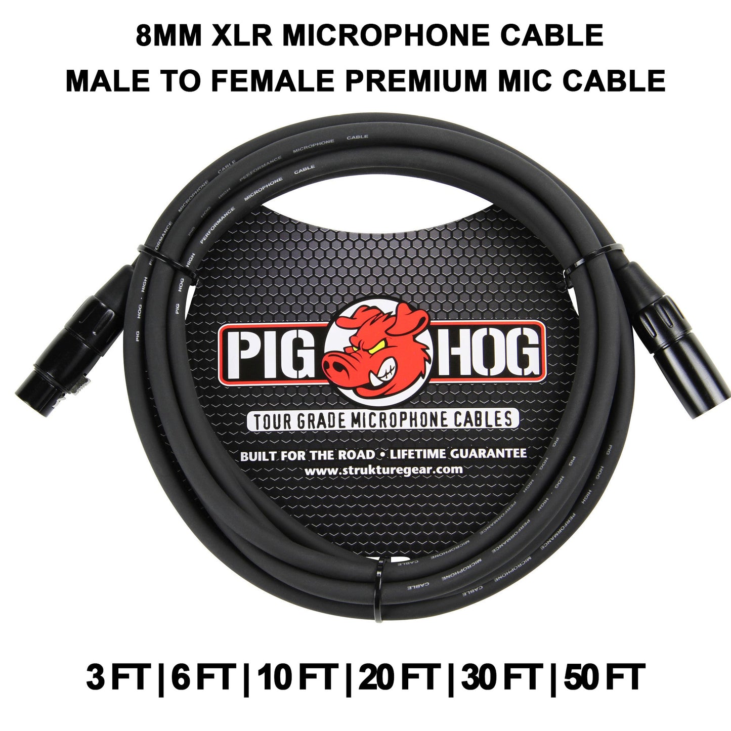 Pig Hog 8mm XLR Microphone Cable Male to Female Fully Balanced Premium Mic Cable