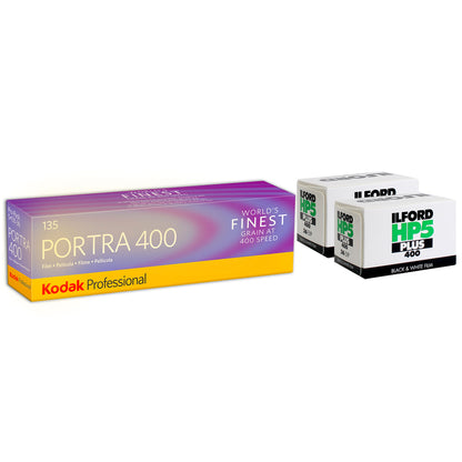 2x Ilford HP5 Plus Black and White Negative Film (35mm Roll Film, 36 Exposures) with Kodak Professional Portra 400 Color Negative Film (35mm Roll Film, 36 Exposures, 5-Pack)