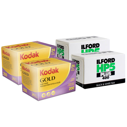 2x Kodak GOLD 200 Color Negative Film 35mm Roll Film, 24 Exposures with 2x Ilford HP5 Plus Black and White Negative Film (35mm Roll Film, 36 Exposures)