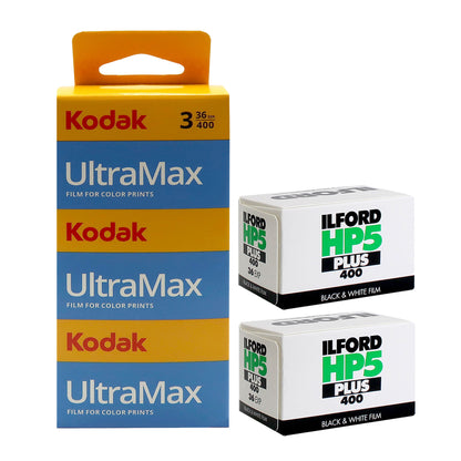 Kodak UltraMax 400 Color Negative Film (35mm, 36 Exposures) 3 Pack with 2x Ilford HP5 Plus Black and White Negative Film (35mm Roll Film, 36 Exposures)