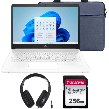 HP 14" Laptop with Intel Celeron N4500 Processor, 4GB RAM, 64GB eMMC Storage – Snowflake White + Transcend 256GB SDXC Card Accessory Bundle