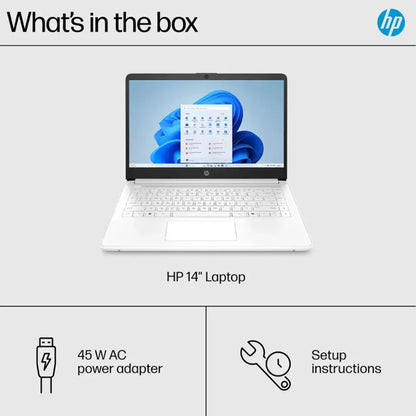 HP 14" Laptop with Intel Celeron N4500 Processor, 4GB RAM, 64GB eMMC Storage – Snowflake White + Transcend 256GB SDXC Card Accessory Bundle