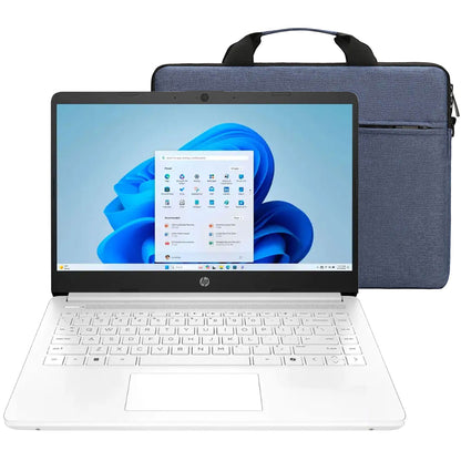 HP 14" Laptop with Intel Celeron N4500 Processor, 4GB RAM, 64GB eMMC Storage – Snowflake White + Splash Proof Wear Resistant Polyester Fiber Laptop Bag