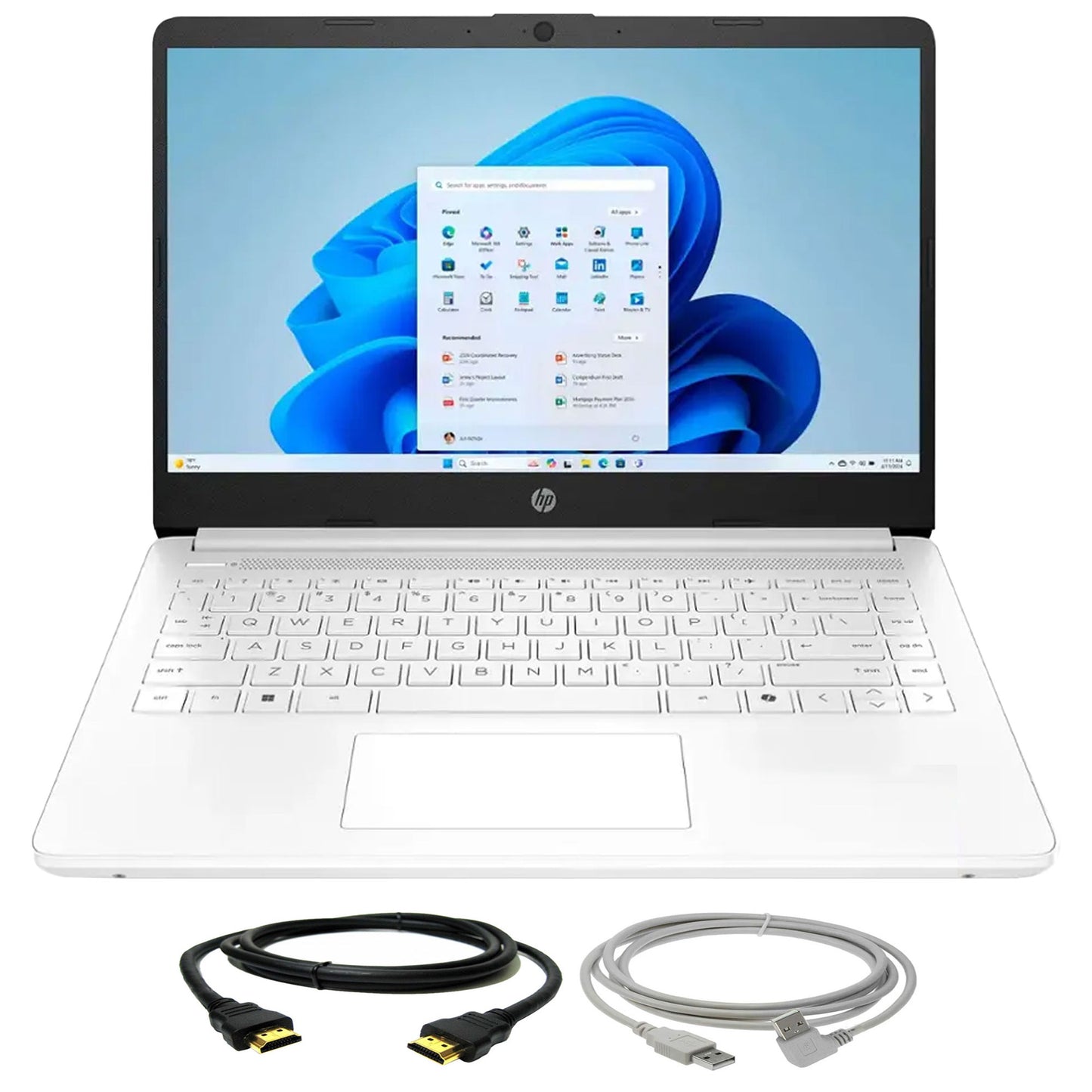 HP 14-Inch Laptop with Intel Celeron N4500 Processor, 4GB RAM, 64GB eMMC Storage – Snowflake White + Cables