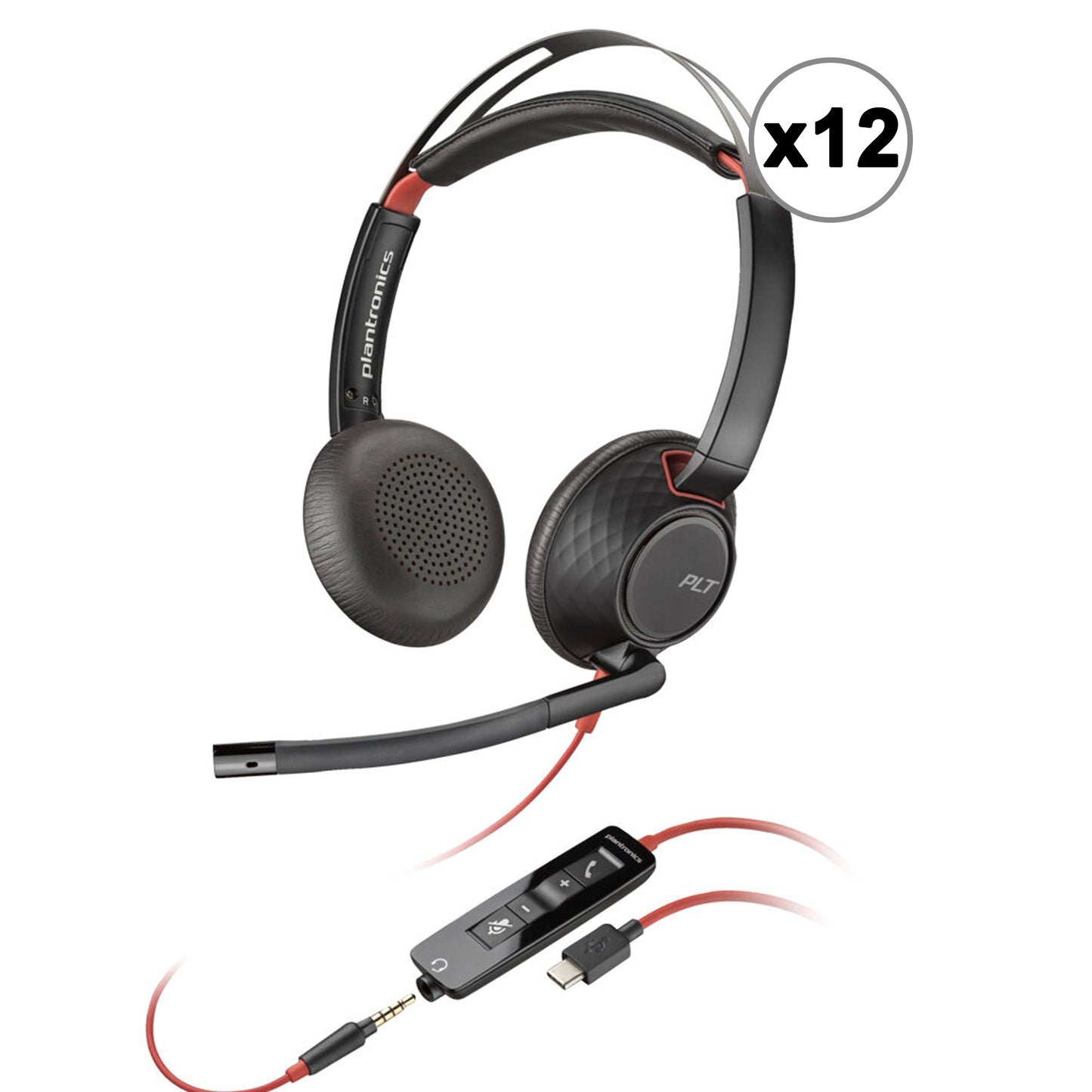 12x Poly Blackwire 5220 Stereo Wired Headset – Dual Ear USB-A/USB-C & 3.5mm with Noise-Canceling Boom Mic and Carrying Case