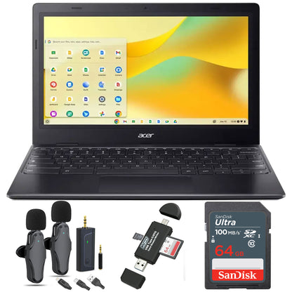 Acer Chromebook 311 11.6" HD Laptop Intel Celeron N4500, 4GB Memory, 64GB eMMC - Star Black with Wireless Lavalier Microphone Set and 64GB SDXC Card