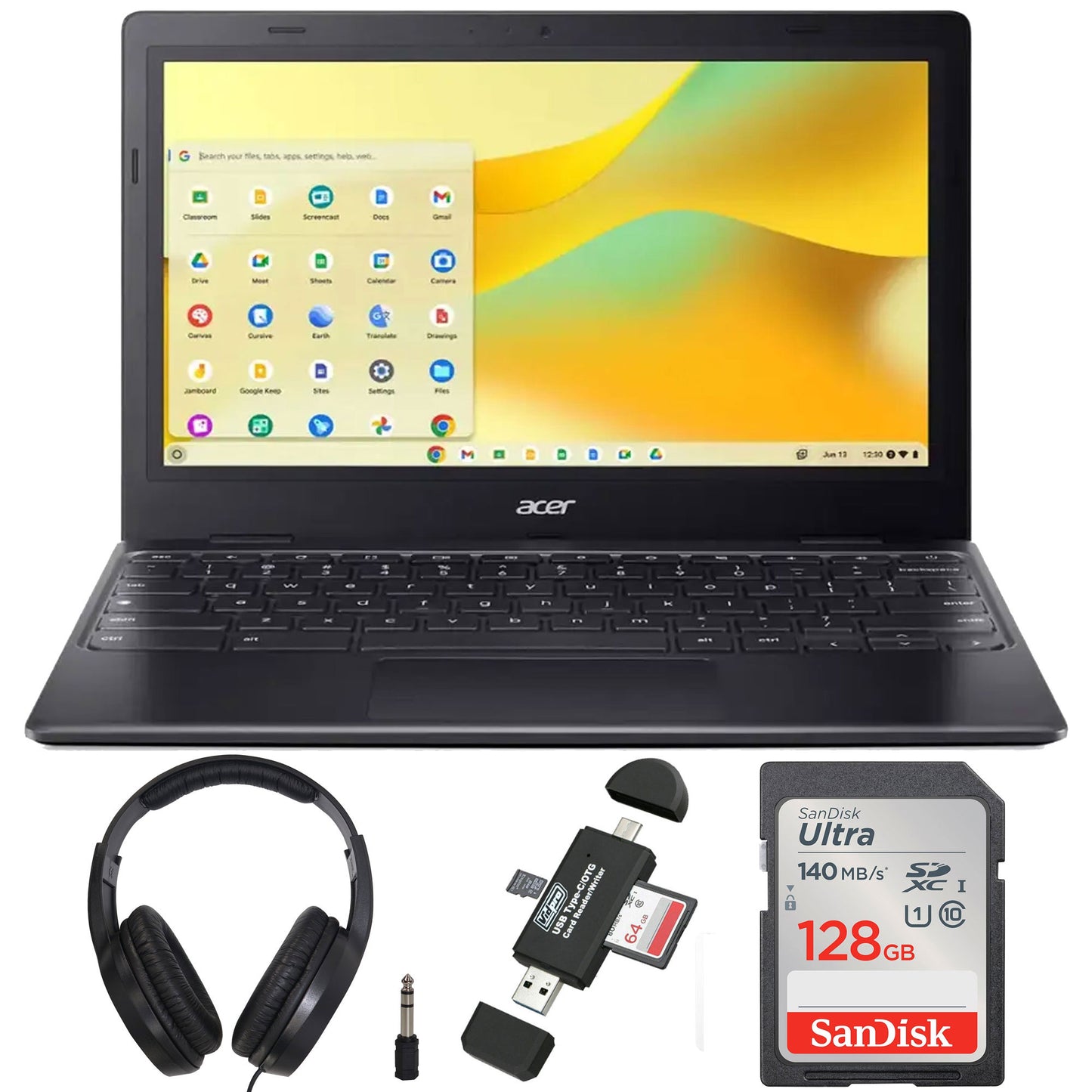 Acer Chromebook 311 11.6" HD Laptop Intel Celeron N4500, 4GB Memory, 64GB eMMC - Star Black with Samson SR350 Stereo Headphones Black with Sandisk Ultra 128GB SDXC Memory Card