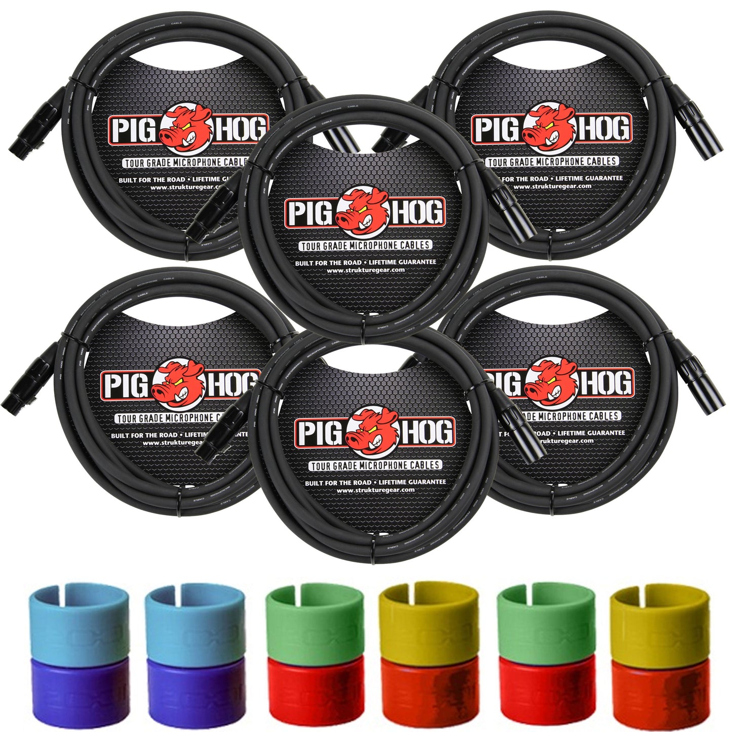6x Pig Hog 8mm XLR Microphone Cable Male to Female 10 Ft Fully Balanced Premium Mic Cable + Zoom XLR-6c Color ID Rings for Microphone Cables (6 Pairs)