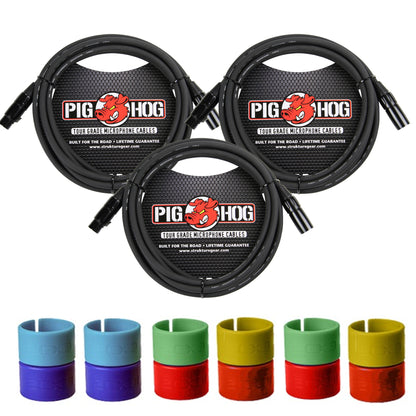 3x Pig Hog 8mm XLR Microphone Cable Male to Female 10 Ft Fully Balanced Premium Mic Cable + Zoom XLR-6c Color ID Rings for Microphone Cables (6 Pairs)
