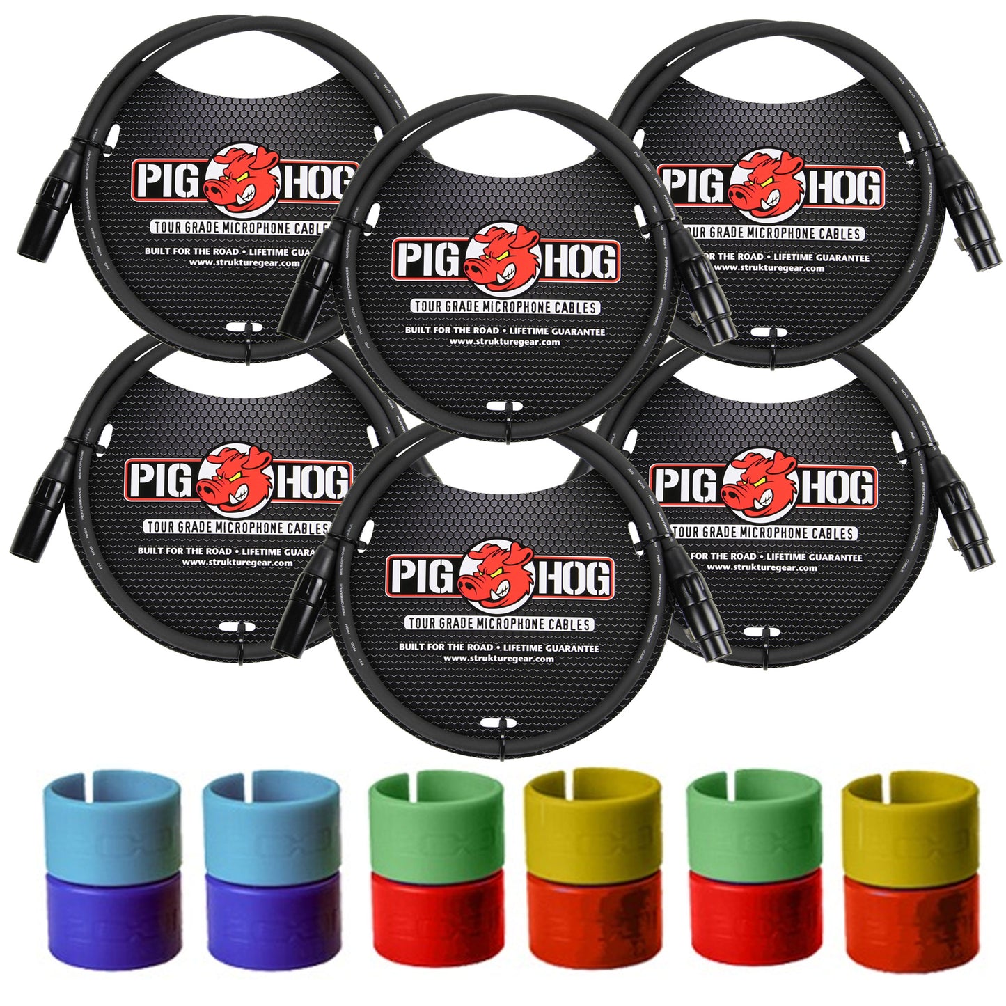 6x Pig Hog 8mm XLR Microphone Cable Male to Female 3 Ft Fully Balanced Premium Mic Cable + Zoom XLR-6c Color ID Rings for Microphone Cables (6 Pairs)