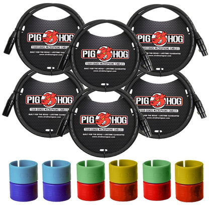 6x Pig Hog 8mm XLR Microphone Cable Male to Female 3 Ft Fully Balanced Premium Mic Cable + Zoom XLR-6c Color ID Rings for Microphone Cables (6 Pairs)