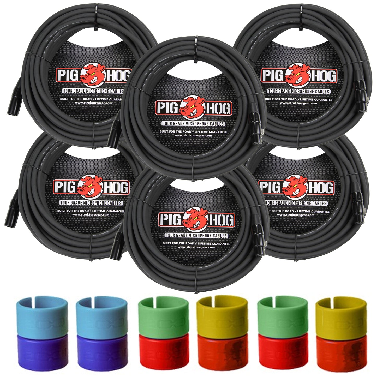 6x Pig Hog 8mm XLR Microphone Cable Male to Female 30 Ft Fully Balanced Premium Mic Cable + Zoom XLR-6c Color ID Rings for Microphone Cables (6 Pairs)