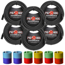 6x Pig Hog 8mm XLR Microphone Cable Male to Female 30 Ft Fully Balanced Premium Mic Cable + Zoom XLR-6c Color ID Rings for Microphone Cables (6 Pairs)