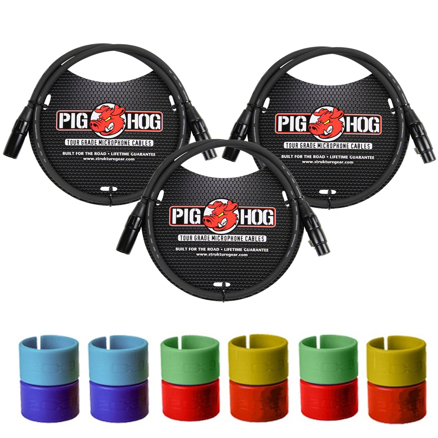 3x Pig Hog 8mm XLR Microphone Cable Male to Female 30 Ft Fully Balanced Premium Mic Cable + Zoom XLR-6c Color ID Rings for Microphone Cables (6 Pairs)