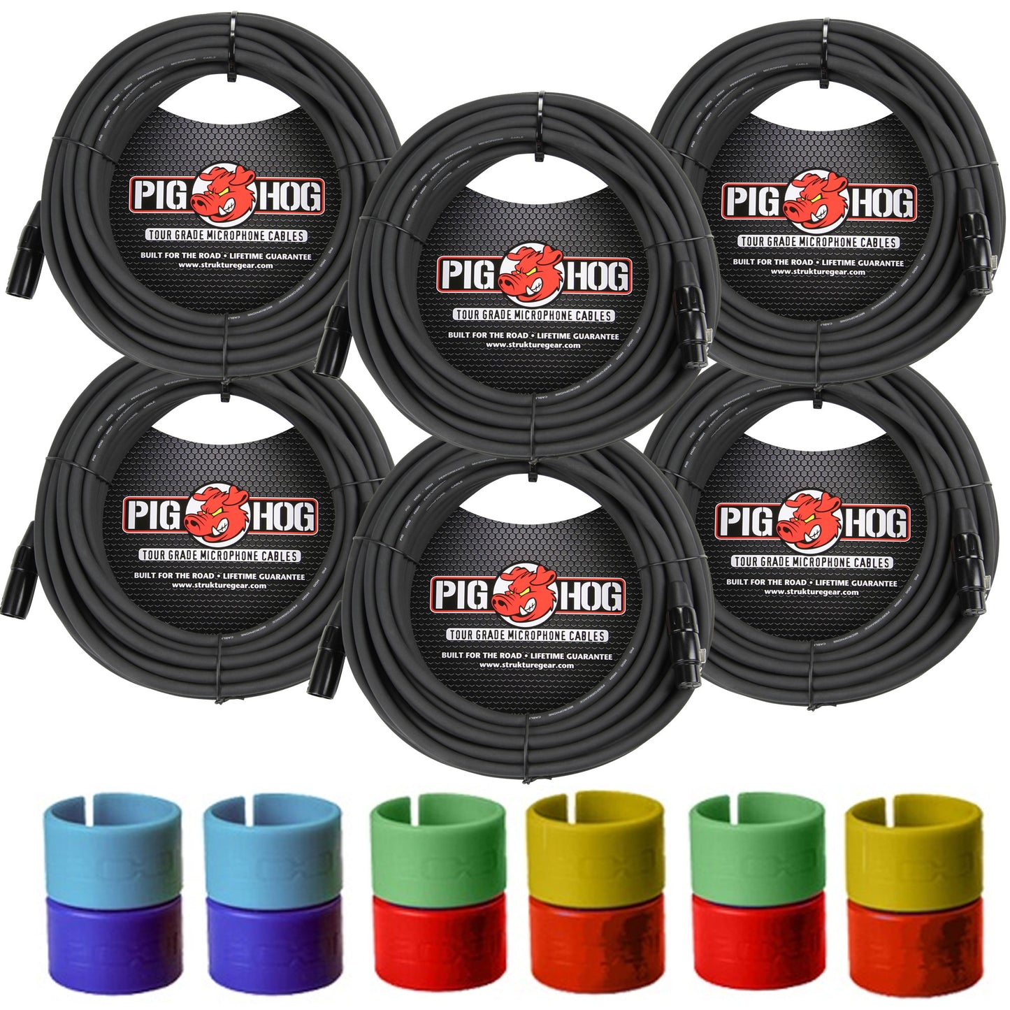 6x Pig Hog 8mm XLR Microphone Cable Male to Female 50 Ft Fully Balanced Premium Mic Cable + Zoom XLR-6c Color ID Rings for Microphone Cables (6 Pairs)