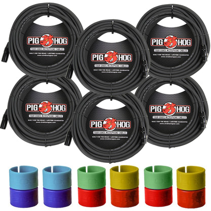 6x Pig Hog 8mm XLR Microphone Cable Male to Female 50 Ft Fully Balanced Premium Mic Cable + Zoom XLR-6c Color ID Rings for Microphone Cables (6 Pairs)