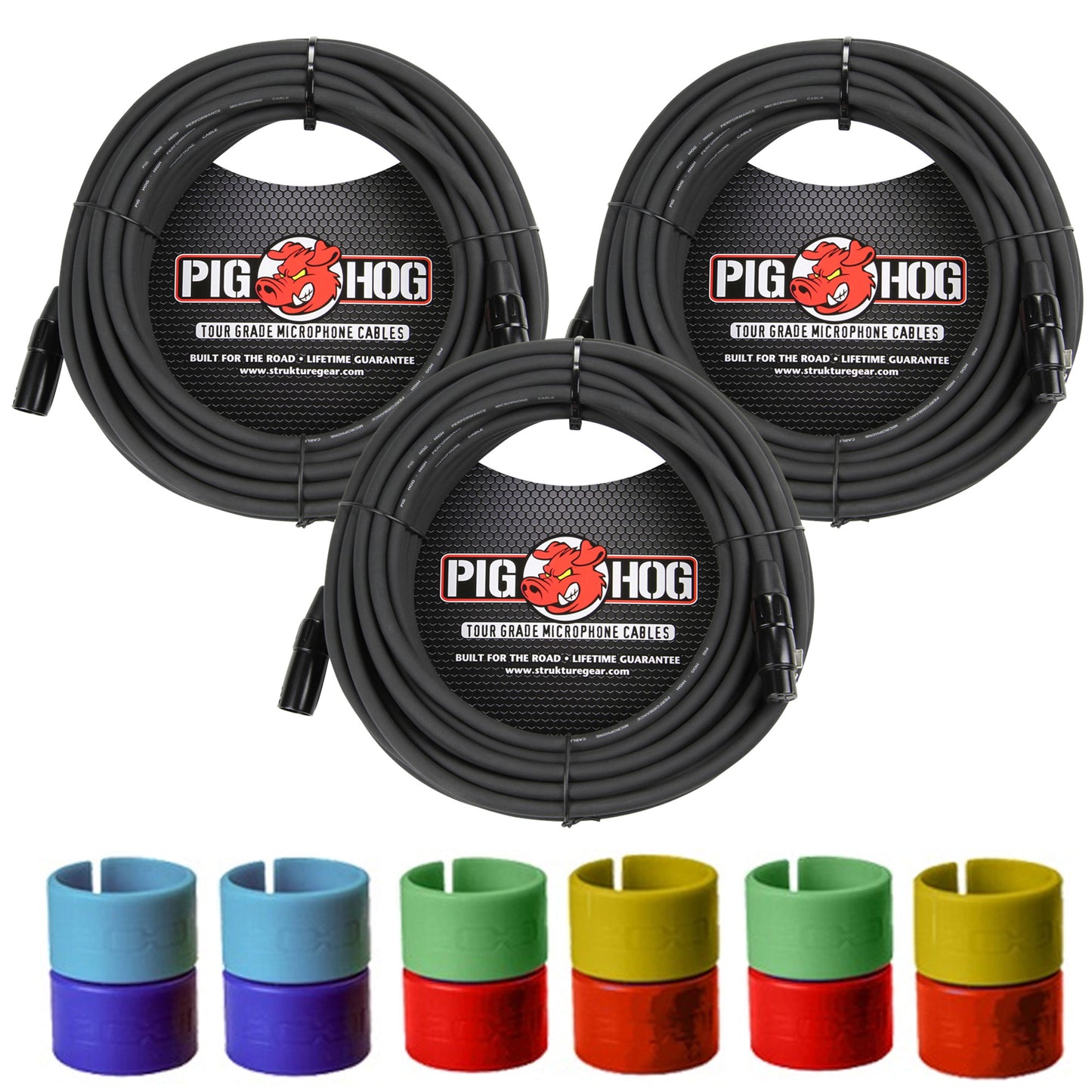 3x Pig Hog 8mm XLR Microphone Cable Male to Female 50 Ft Fully Balanced Premium Mic Cable + Zoom XLR-6c Color ID Rings for Microphone Cables (6 Pairs)