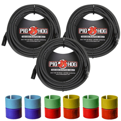 3x Pig Hog 8mm XLR Microphone Cable Male to Female 50 Ft Fully Balanced Premium Mic Cable + Zoom XLR-6c Color ID Rings for Microphone Cables (6 Pairs)