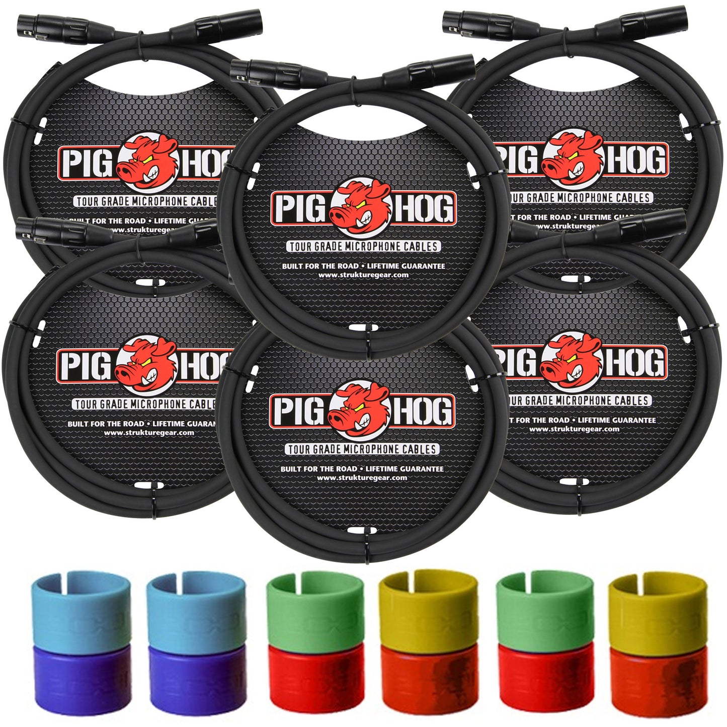 6x Pig Hog 8mm XLR Microphone Cable Male to Female 6 Ft Fully Balanced Premium Mic Cable + Zoom XLR-6c Color ID Rings for Microphone Cables (6 Pairs)