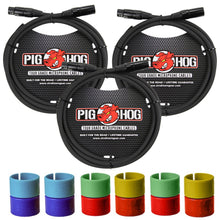 3x Pig Hog 8mm XLR Microphone Cable Male to Female 6 Ft Fully Balanced Premium Mic Cable + Zoom XLR-6c Color ID Rings for Microphone Cables (6 Pairs)