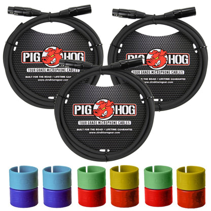 3x Pig Hog 8mm XLR Microphone Cable Male to Female 6 Ft Fully Balanced Premium Mic Cable + Zoom XLR-6c Color ID Rings for Microphone Cables (6 Pairs)