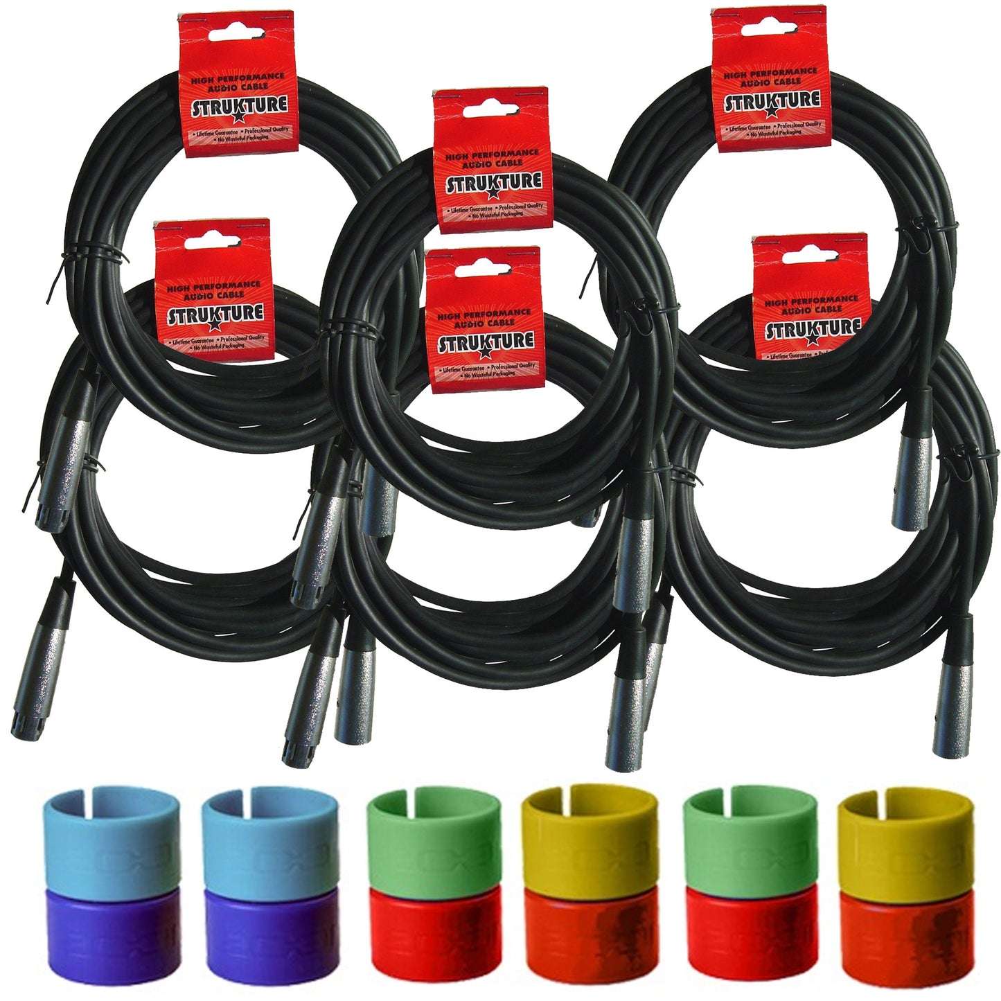 6x Strukture XLR Microphone Cable Male to Female 6 Ft Fully Balanced Premium Mic Cable + Zoom XLR-6c Color ID Rings for Microphone Cables (6 Pairs)