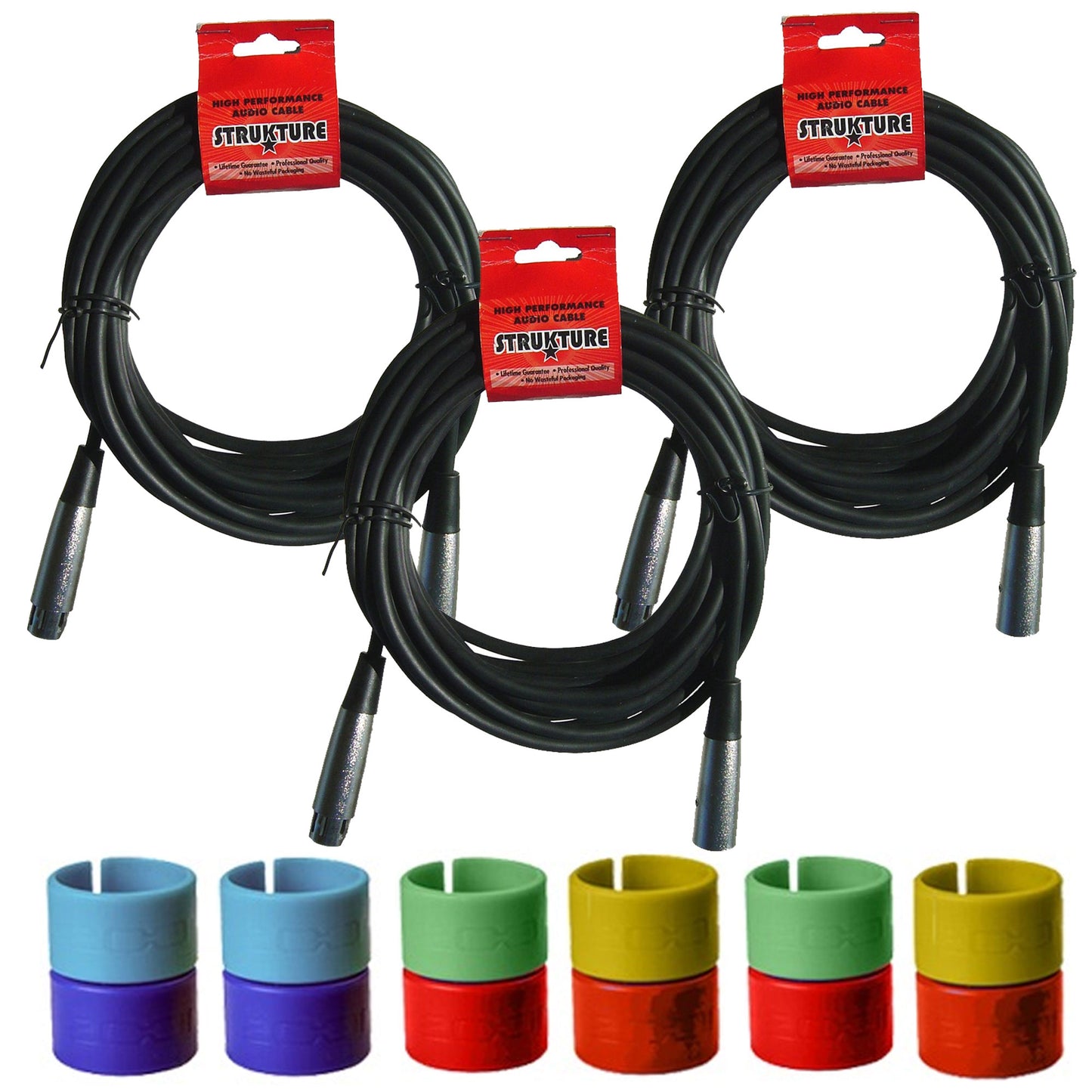 3x Strukture XLR Microphone Cable Male to Female 6 Ft Fully Balanced Premium Mic Cable + Zoom XLR-6c Color ID Rings for Microphone Cables (6 Pairs)