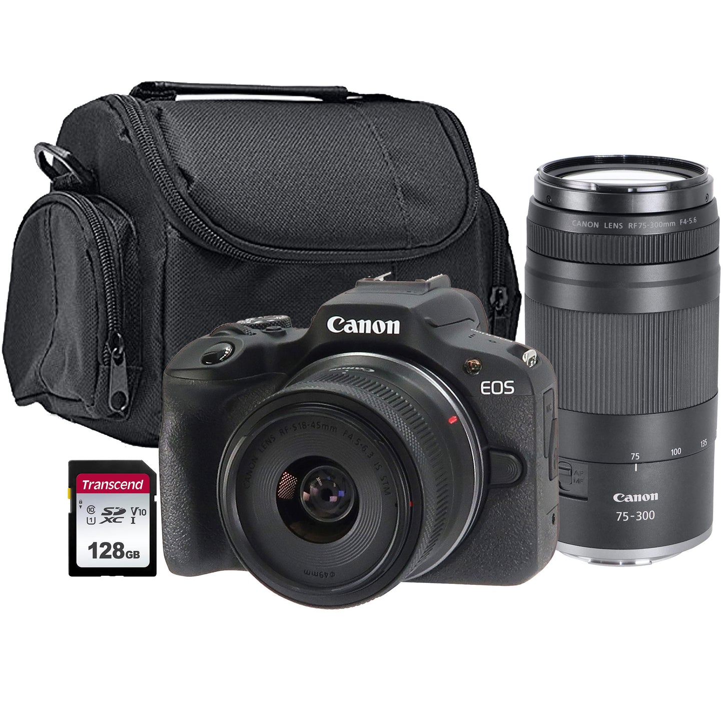Canon EOS R100 Mirrorless Camera with RF-S 18-45mm f/4.5-6.3 IS STM Lens and RF 75-300mm f/4-5.6 Lens Basic Accessory Bundle