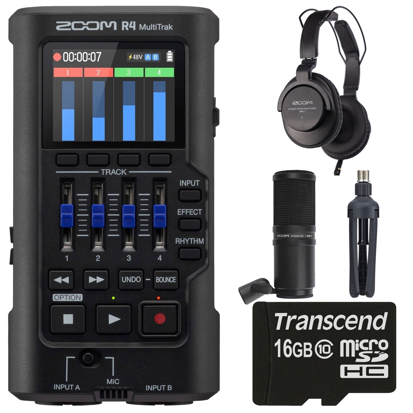 Zoom R4 MultiTrak 32-Bit Float Recorder with ZDM-1 Podcast Mic Pack Accessory Bundle and 16GB microSD Memory Card