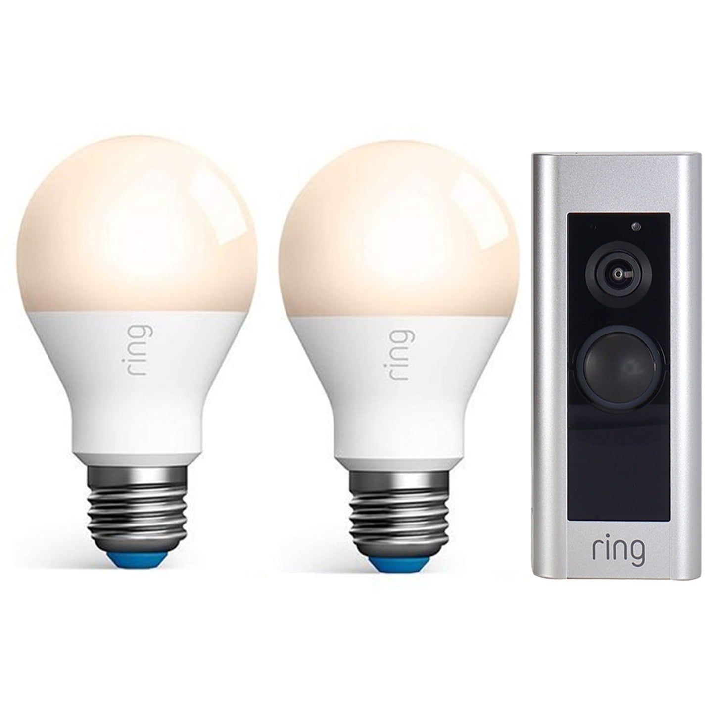 2x Ring A19 Smart LED Light Bulb Dimmable Neutral White 800 Brightness Lumens + Wired Doorbell Plus Smart Wi-Fi Video Doorbell - Satin Nickel