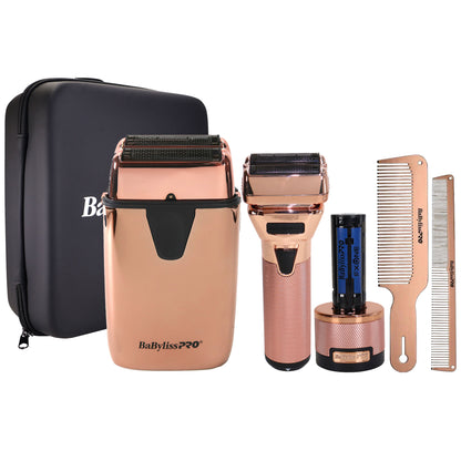 BaByliss Pro FXONE ROSEFX Interchangeable-Battery Shaver FX79FSRG + LIMITED EDITON UVFOIL UV-Disinfecting Double Foil Shaver FXLFS2RG Rose Gold Barber Accessory Bundle