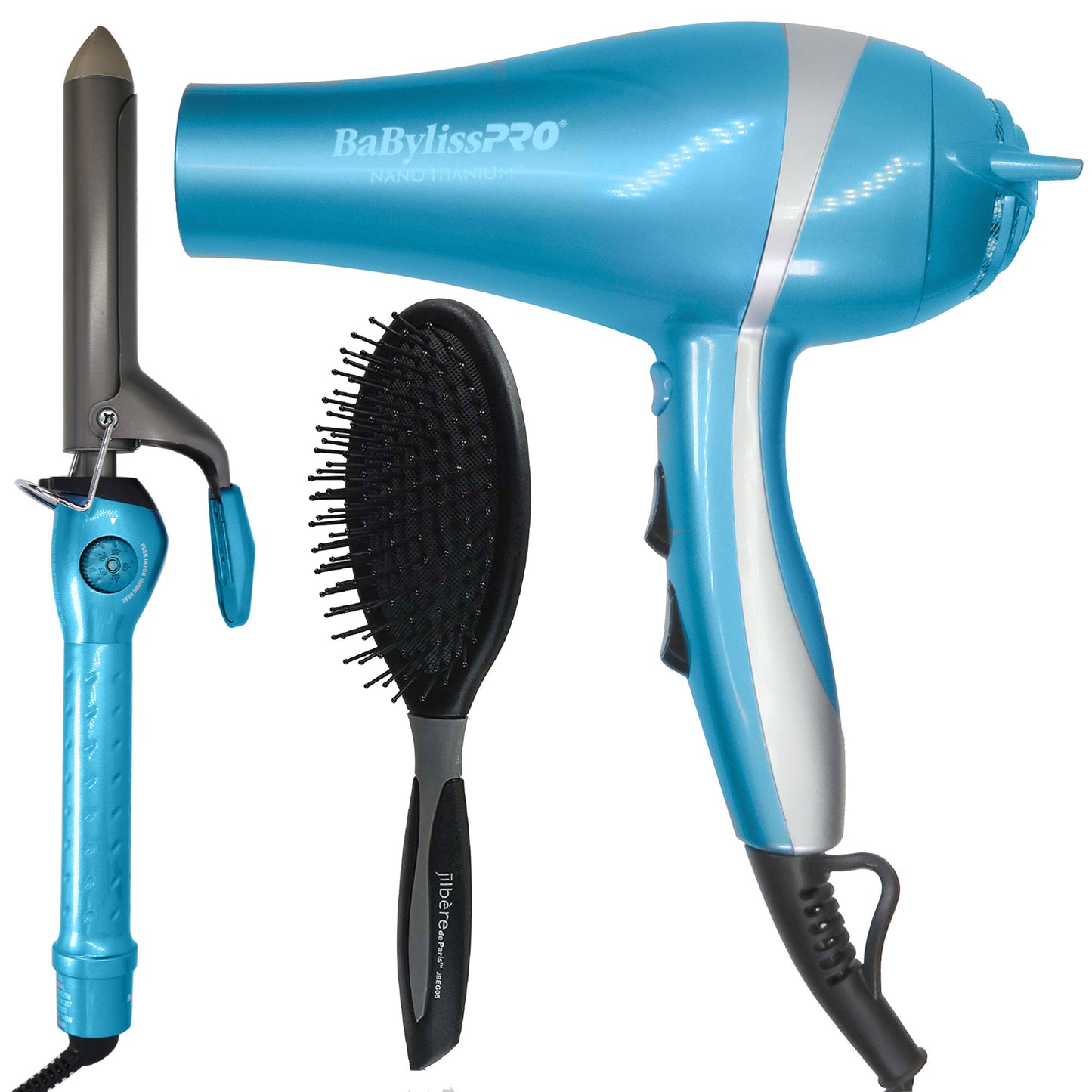 BaByliss Pro LIMITED EDITION Professional Lightweight Ionic Dryer & 1" Spring Curling Iron Combo BNTPP68 with Conair Pro Ergo-Grip Detangler Brush