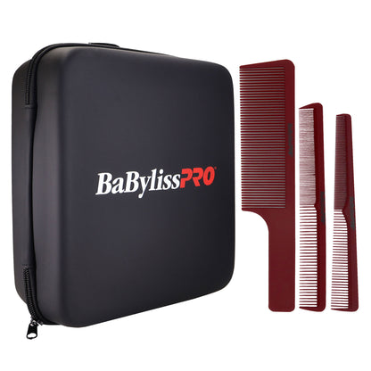 BaByliss Pro Universal Travel Case Fits Clipper Shaver Trimmer and Accessories with Barberology Comb Set (Clipper, Cutting, Taper Combs) - Red