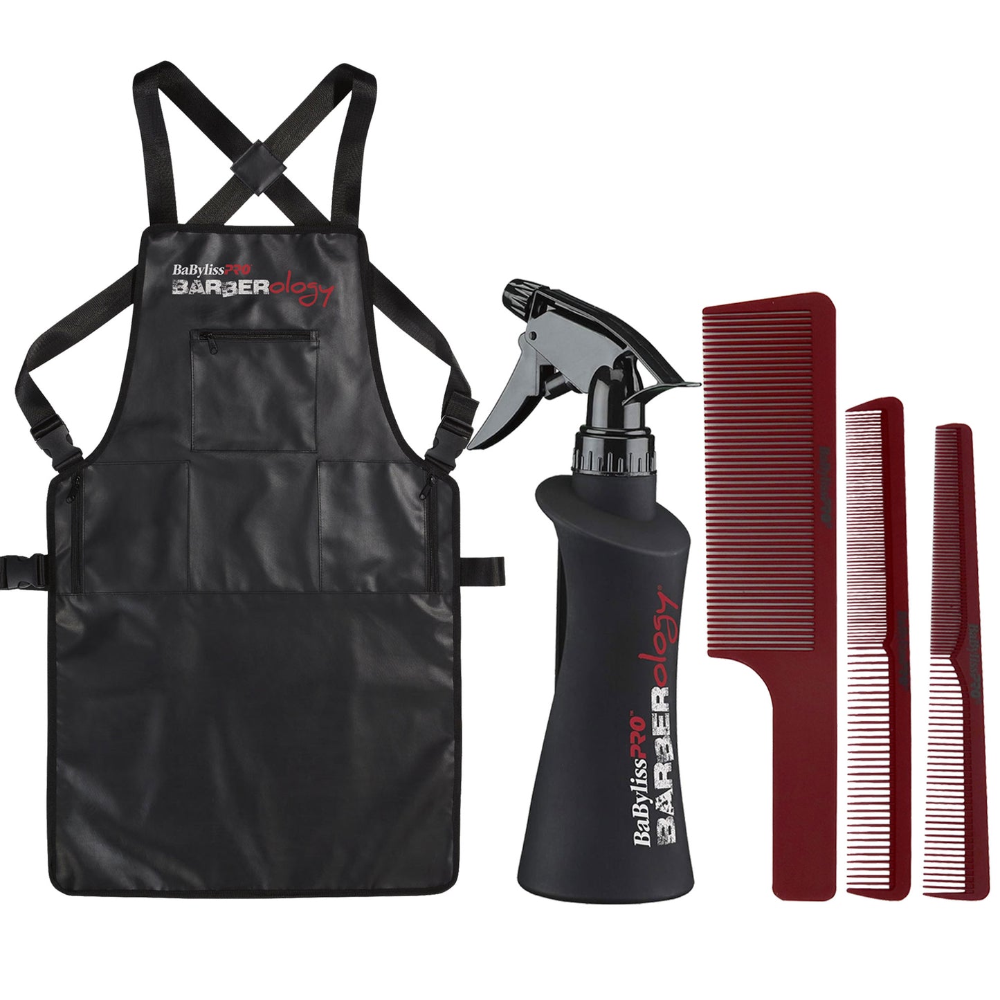 Babyliss Pro Barberology Industrial Barber Apron with Barberology Comb Set (Clipper, Cutting, Taper Combs) - Red and Barberology 10oz Spray Bottle